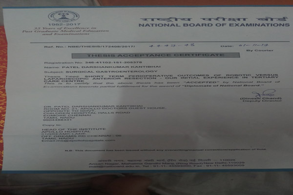 Thesis Acceptance Certificate, Best Laparoscopic Surgeon in Surat