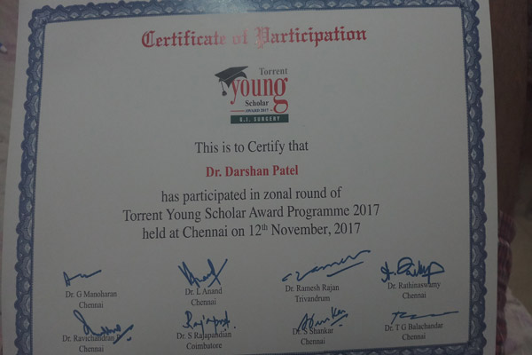 Torrent Young Award Certificate, Advanced Laparoscopic Surgeon in Surat