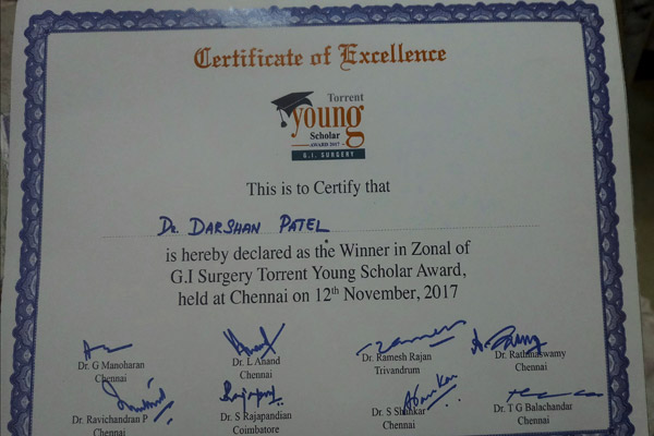 Zonal of G.I.Surgery Torrent Young Scholar Award Certificate
